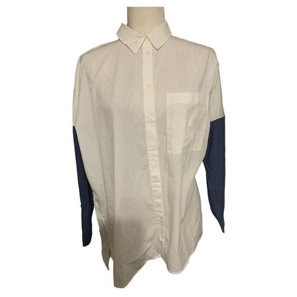 zara womens white blue long sleeve top dress shirt small - Picture 1 of 5